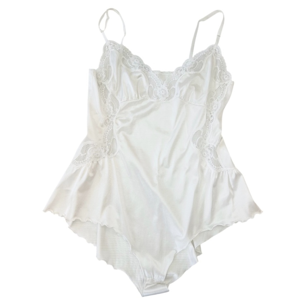 Vintage Van Raalte White Lace Trimmed Teddy Bodysuit Romper